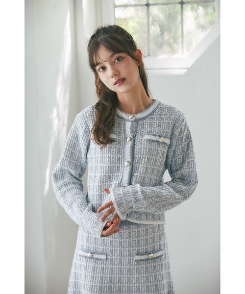 ショート丈金釦ツイード風ニットカーディガン tocco closet（トッコ クローゼット） ニット セーター ゴールド釦