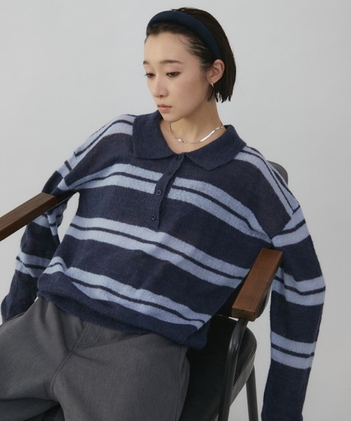 VION(ヴィオン)の「ルーズボーダーポロニット / Loose Border Polo Knit(ニット/セーター・レディース・ブラウン/ネイビー・FREE)」の1枚目の写真