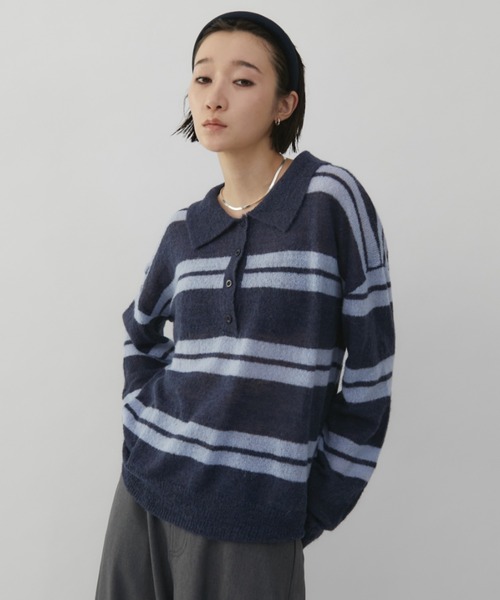 VION(ヴィオン)の「ルーズボーダーポロニット / Loose Border Polo Knit(ニット/セーター・レディース・ブラウン/ネイビー・FREE)」の9枚目の写真