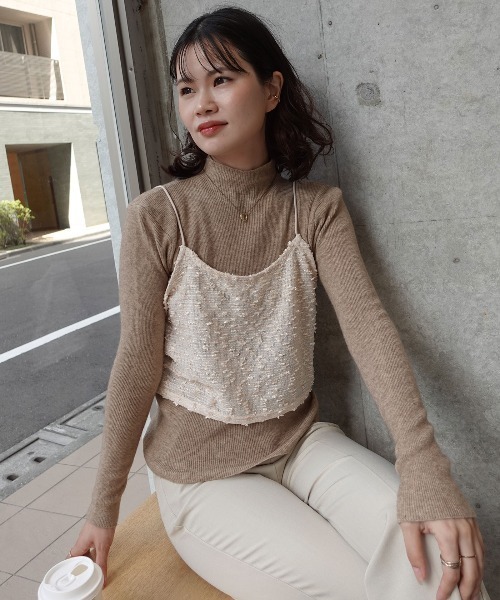 CORNERS（コーナーズ）の「ネップラメボーダービスチェ（キャミソール・レディース・ブラウン/アイボリー/ブラック・M）」の2枚目の写真