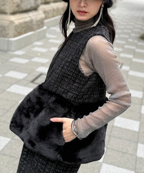 deux amour（ドゥーザムール）の「ツイードファ―ベスト（Tシャツ/カットソー・レディース・ホワイト/ブラック・MEDIUM）」の13枚目の写真