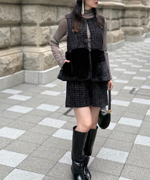 deux amour（ドゥーザムール）の「ツイードファ―ベスト（Tシャツ/カットソー・レディース・ホワイト/ブラック・MEDIUM）」の4枚目の写真