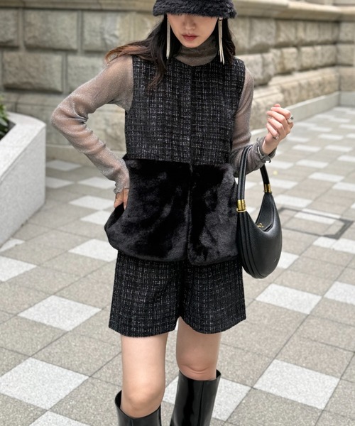 deux amour（ドゥーザムール）の「ツイードファ―ベスト（Tシャツ/カットソー・レディース・ホワイト/ブラック・MEDIUM）」の7枚目の写真