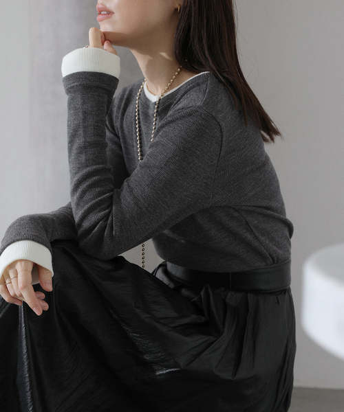 La TOTALITE（ラトータリテ）の「【洗える】配色ウールテレコカットソー（Tシャツ/カットソー・レディース・ネイビー/ホワイト/グレー・FREE）」の2枚目の写真