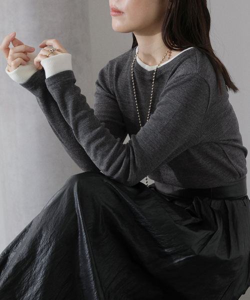 La TOTALITE（ラトータリテ）の「【洗える】配色ウールテレコカットソー（Tシャツ/カットソー・レディース・ネイビー/ホワイト/グレー・FREE）」の10枚目の写真