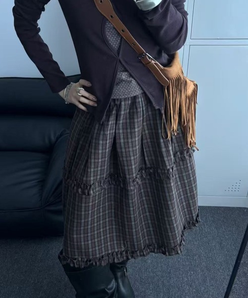 セール】ふんわりチェックティアードスカート/ウールライクガーリー