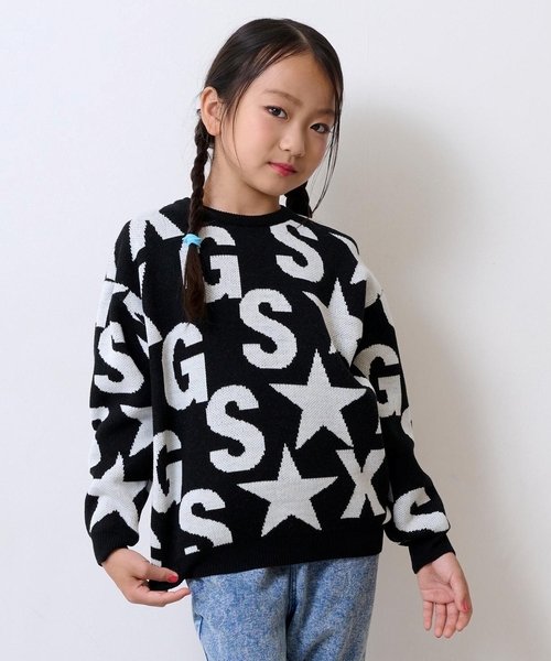 X-girl Stages（エックスガールステージス）の「【TBSドラマ フェイクマミー 着用アイテム】ロゴ総柄ニットプルオーバー（ニット/セーター・キッズ・ブラック/アイボリー・140cm/110cm/130cm/120cm/90cm/100cm）」の2枚目の写真