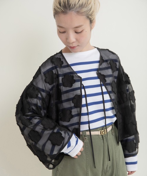 Dot＆Stripes CHILD WOMAN（ドットアンドストライプス　チャイルドウーマン）の「シアーフラワーカットジャカード はおりショートブラウス(セットアップ対応)（シャツ/ブラウス・レディース・ブラック・FREE）」の12枚目の写真