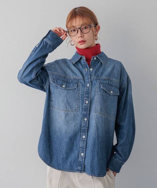 BAYFLOW（ベイフロー）の「[アウター感覚で羽織れる]デニムワークシャツ（シャツ/ブラウス・レディース・ライトブルー/インディゴブルー・FREE）」の5枚目の写真