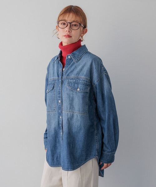 BAYFLOW（ベイフロー）の「[アウター感覚で羽織れる]デニムワークシャツ（シャツ/ブラウス・レディース・ライトブルー/インディゴブルー・FREE）」の6枚目の写真