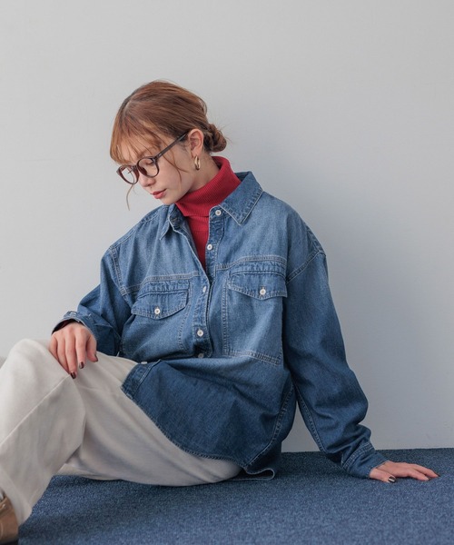 BAYFLOW（ベイフロー）の「[アウター感覚で羽織れる]デニムワークシャツ（シャツ/ブラウス・レディース・ライトブルー/インディゴブルー・FREE）」の8枚目の写真
