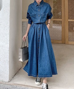 セール】大人シルエット ロング丈 デニムシャツワンピース（シャツ