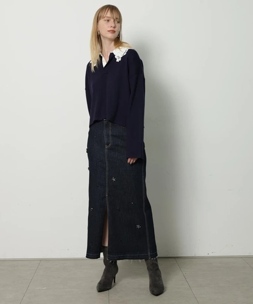 CADUNE（カデュネ）の「ビジュー付きタイトスカート（スカート・レディース・ブルー/ネイビー・36/38/34）」の4枚目の写真