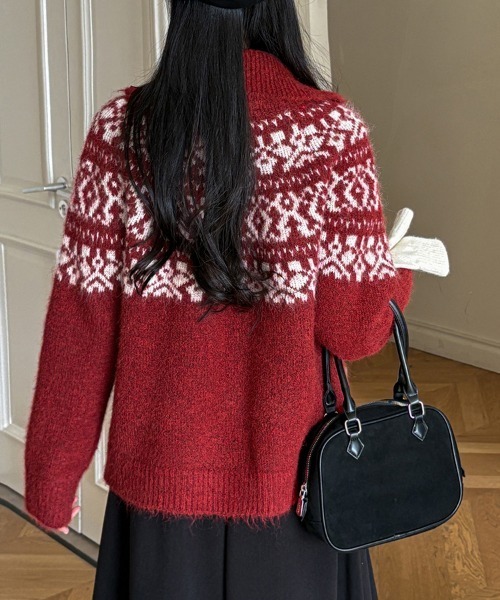 ONEP STAR(ワンピスター)の「ノルディック柄ジップアップニット(ニット/セーター・レディース・ベージュ/レッド/グレー・FREE)」の7枚目の写真