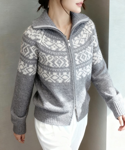 ONEP STAR(ワンピスター)の「ノルディック柄ジップアップニット(ニット/セーター・レディース・ベージュ/レッド/グレー・FREE)」の14枚目の写真