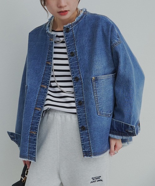 PUAL CE CIN(ピュアルセシン)の「セルビッチデニムノーカラージャケット(デニムジャケット・レディース・ブルー/インディゴブルー・FREE)」の2枚目の写真