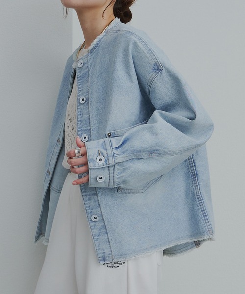 PUAL CE CIN(ピュアルセシン)の「セルビッチデニムノーカラージャケット(デニムジャケット・レディース・ブルー/インディゴブルー・FREE)」の7枚目の写真