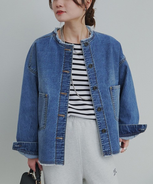 PUAL CE CIN(ピュアルセシン)の「セルビッチデニムノーカラージャケット(デニムジャケット・レディース・ブルー/インディゴブルー・FREE)」の12枚目の写真