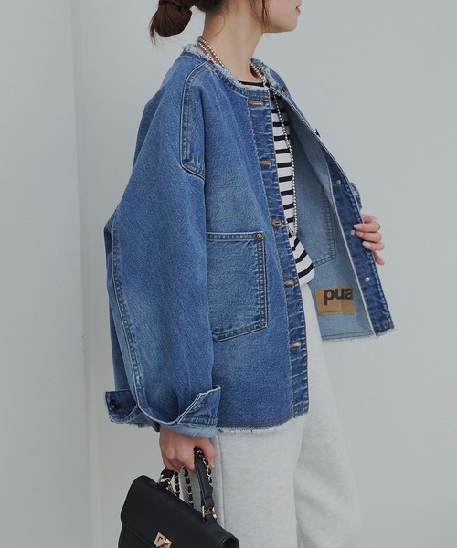 PUAL CE CIN(ピュアルセシン)の「セルビッチデニムノーカラージャケット(デニムジャケット・レディース・ブルー/インディゴブルー・FREE)」の13枚目の写真