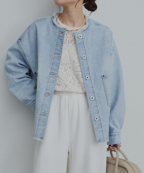PUAL CE CIN(ピュアルセシン)の「セルビッチデニムノーカラージャケット(デニムジャケット・レディース・ブルー/インディゴブルー・FREE)」の5枚目の写真