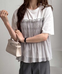 【鉄板】着映えするお洒落カットソー　シャーリングがゆるフィット セール】夏に大活躍！胸きゅん、褒められトップス。配色メロウ5分袖