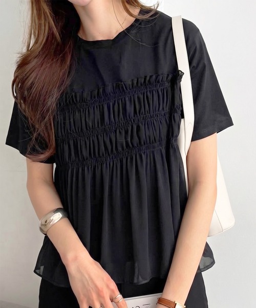 GeeRA（ジーラ）の「シアーシャーリングビスチェドッキング半袖Ｔシャツ（Tシャツ/カットソー・レディース・ブラック/オフホワイト/ホワイト×グレー・MEDIUM/LARGE/X-LARGE）」の10枚目の写真
