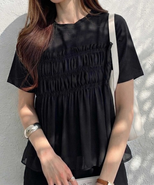 GeeRA（ジーラ）の「シアーシャーリングビスチェドッキング半袖Ｔシャツ（Tシャツ/カットソー・レディース・ブラック/オフホワイト/ホワイト×グレー・MEDIUM/LARGE/X-LARGE）」の11枚目の写真