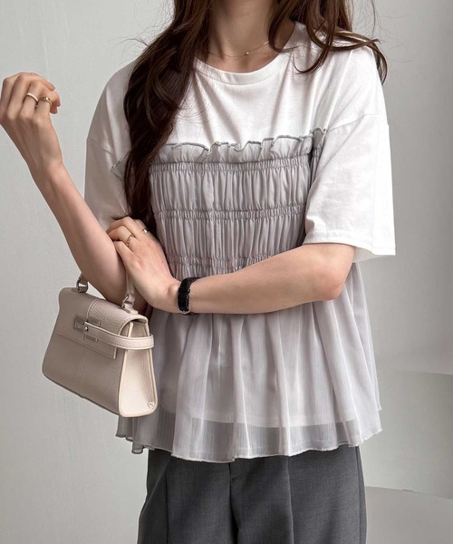 GeeRA（ジーラ）の「シアーシャーリングビスチェドッキング半袖Ｔシャツ（Tシャツ/カットソー・レディース・ブラック/オフホワイト/ホワイト×グレー・MEDIUM/LARGE/X-LARGE）」の5枚目の写真