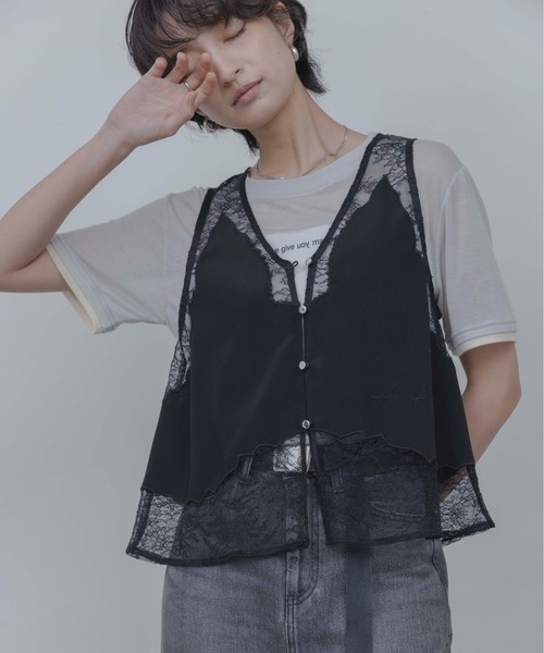 エイミーロウ　ロングジレ　ベスト　ブラック Eimee Law（エイミーロウ） ベスト ジレ ファー＆メルトンボクシィジレ