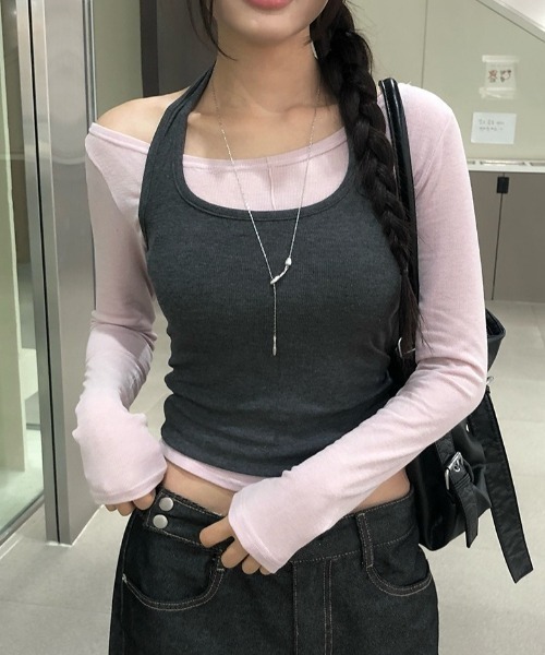 anyonemore(エニワンモア)の「配色ホルターネックタンクトップ+切替長袖Tシャツセット(Tシャツ/カットソー・レディース・ピンク・FREE)」の5枚目の写真