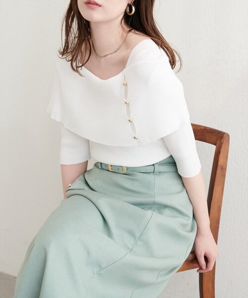 natural couture(ナチュラルクチュール)の「オフショルデザイン半袖ニット(ニット/セーター・レディース・イエロー/ピンク/オフホワイト/ブラック/サックスブルー・FREE)」の7枚目の写真