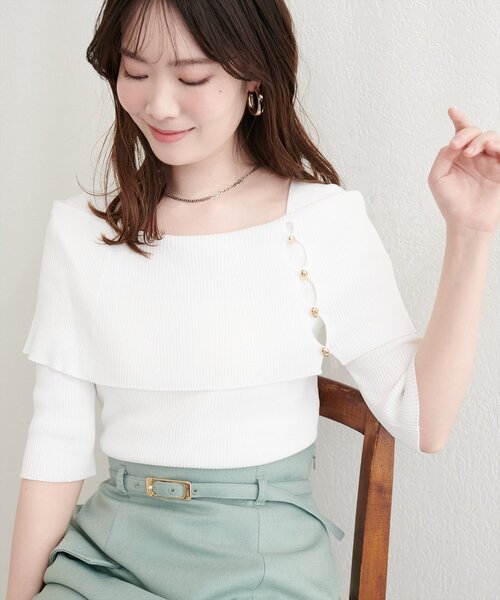 natural couture(ナチュラルクチュール)の「オフショルデザイン半袖ニット(ニット/セーター・レディース・イエロー/ピンク/オフホワイト/ブラック/サックスブルー・FREE)」の8枚目の写真