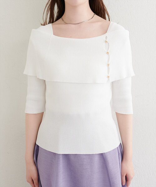 natural couture(ナチュラルクチュール)の「オフショルデザイン半袖ニット(ニット/セーター・レディース・イエロー/ピンク/オフホワイト/ブラック/サックスブルー・FREE)」の10枚目の写真