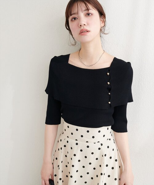 natural couture(ナチュラルクチュール)の「オフショルデザイン半袖ニット(ニット/セーター・レディース・イエロー/ピンク/オフホワイト/ブラック/サックスブルー・FREE)」の19枚目の写真