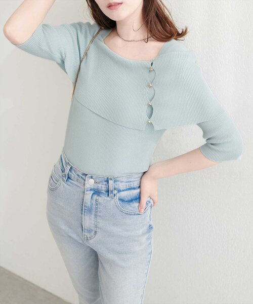 natural couture(ナチュラルクチュール)の「オフショルデザイン半袖ニット(ニット/セーター・レディース・イエロー/ピンク/オフホワイト/ブラック/サックスブルー・FREE)」の22枚目の写真