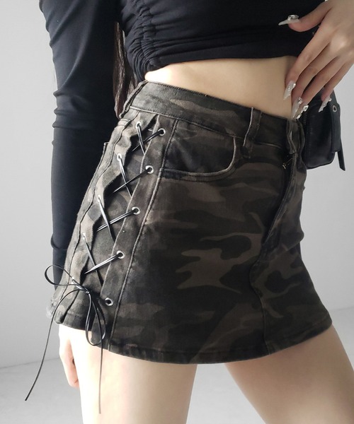 me+em select(ミームセレクト)の「【 3size 】ヴィンテージカモフラレースアップデニムミニスカパン / vintage camouflage lace up denim mini skirt pants(スカート・レディース・カーキ・SMALL/MEDIUM/LARGE)」の6枚目の写真