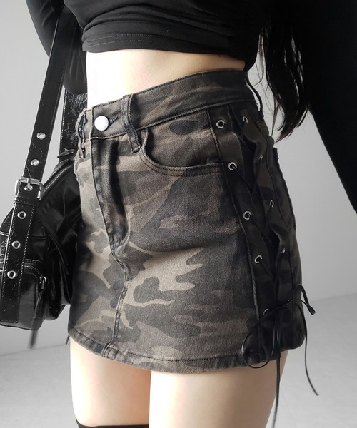 me+em select(ミームセレクト)の「【 3size 】ヴィンテージカモフラレースアップデニムミニスカパン / vintage camouflage lace up denim mini skirt pants(スカート・レディース・カーキ・SMALL/MEDIUM/LARGE)」の7枚目の写真