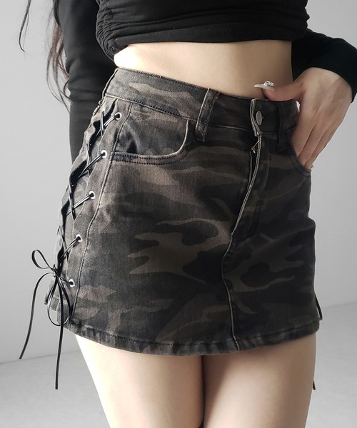 me+em select(ミームセレクト)の「【 3size 】ヴィンテージカモフラレースアップデニムミニスカパン / vintage camouflage lace up denim mini skirt pants(スカート・レディース・カーキ・SMALL/MEDIUM/LARGE)」の9枚目の写真