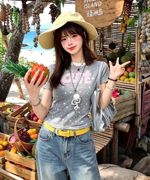 AsheKsha(アシクシャ)の「甘い妹風の星柄プリント CUTE 配色ライン スリムフィット Tシャツ(Tシャツ/カットソー・レディース・グレー・M)」の7枚目の写真