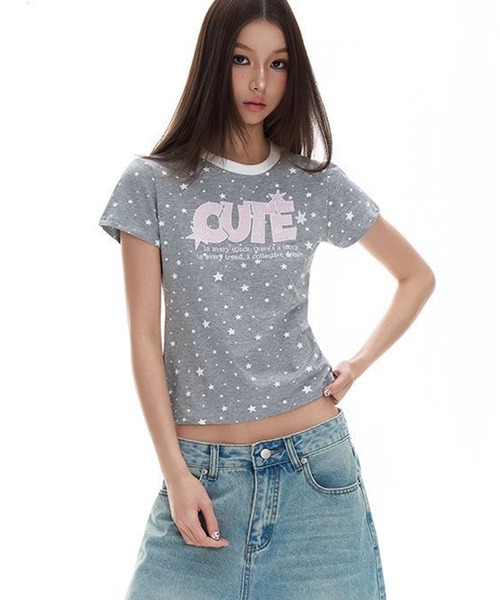 AsheKsha(アシクシャ)の「甘い妹風の星柄プリント CUTE 配色ライン スリムフィット Tシャツ(Tシャツ/カットソー・レディース・グレー・M)」の14枚目の写真