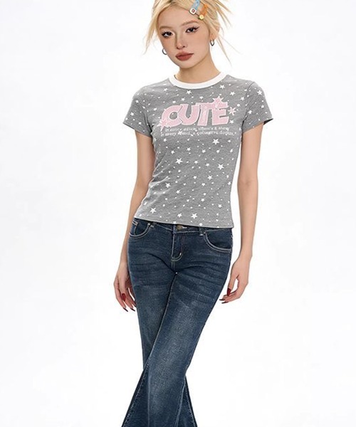 AsheKsha(アシクシャ)の「甘い妹風の星柄プリント CUTE 配色ライン スリムフィット Tシャツ(Tシャツ/カットソー・レディース・グレー・M)」の10枚目の写真