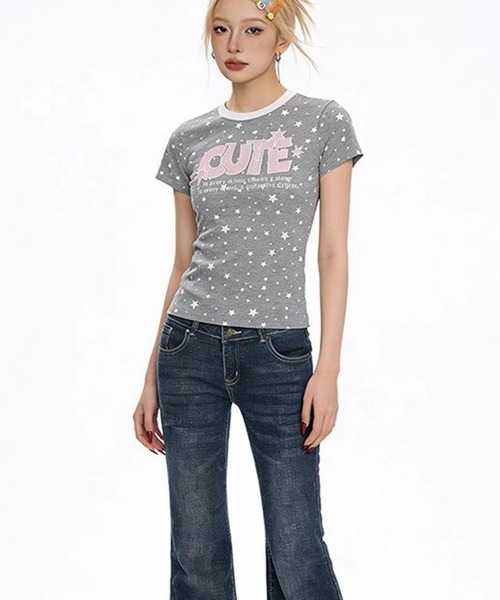 AsheKsha(アシクシャ)の「甘い妹風の星柄プリント CUTE 配色ライン スリムフィット Tシャツ(Tシャツ/カットソー・レディース・グレー・M)」の11枚目の写真