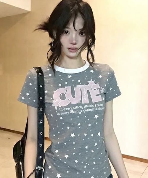 AsheKsha(アシクシャ)の「甘い妹風の星柄プリント CUTE 配色ライン スリムフィット Tシャツ(Tシャツ/カットソー・レディース・グレー・M)」の8枚目の写真