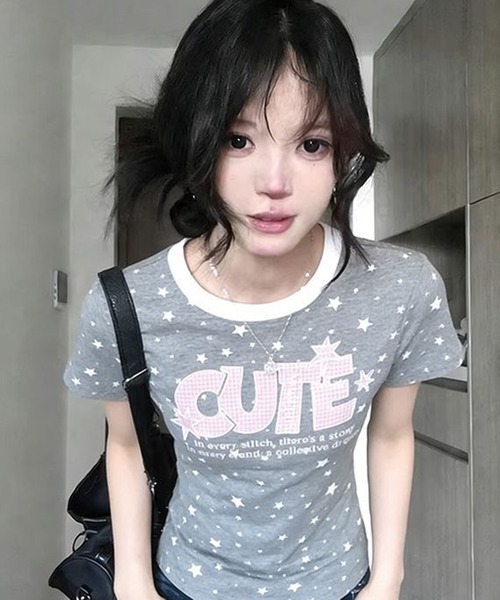 AsheKsha(アシクシャ)の「甘い妹風の星柄プリント CUTE 配色ライン スリムフィット Tシャツ(Tシャツ/カットソー・レディース・グレー・M)」の9枚目の写真