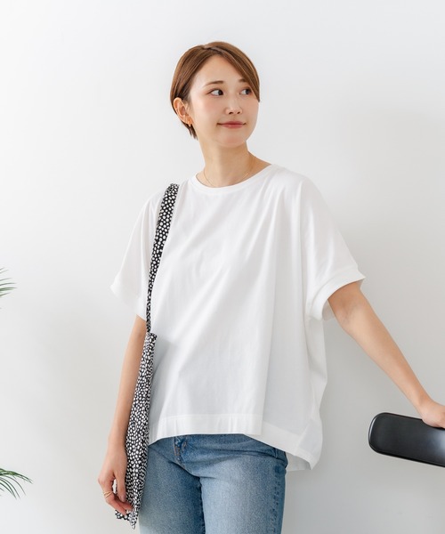 fort point(フォーポイント)の「【C-FORTPOINT/フォートポイント】【涼しさと美シルエットを叶える 接触冷感機能付き】ドルマンスリーブ5分袖Tシャツ ひんやり涼しい 体型カバー 華奢見え ゆったり(Tシャツ/カットソー・レディース・ブラック/ブルー/オフホワイト/チャコールグレー/イエロー・FREE)」の22枚目の写真