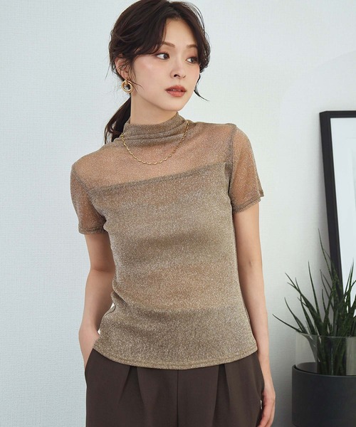 LOWO(ロワ)の「シアートップス ハイネック 半袖 ラメ シースルー レイヤードトップス オケージョン 結婚式 パーティー お呼ばれ《着用動画あり》(Tシャツ/カットソー・レディース・ホワイト/ベージュ/グレー/ブラック/アイボリー/ブラウン・FREE)」の1枚目の写真