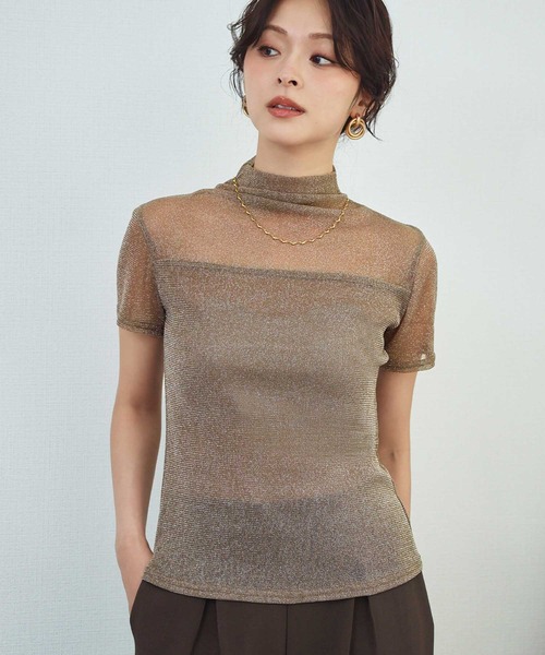 LOWO(ロワ)の「シアートップス ハイネック 半袖 ラメ シースルー レイヤードトップス オケージョン 結婚式 パーティー お呼ばれ《着用動画あり》(Tシャツ/カットソー・レディース・ホワイト/ベージュ/グレー/ブラック/アイボリー/ブラウン・FREE)」の7枚目の写真