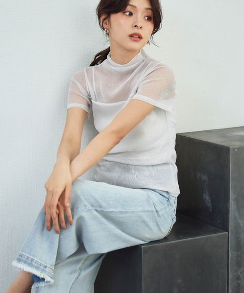LOWO(ロワ)の「シアートップス ハイネック 半袖 ラメ シースルー レイヤードトップス オケージョン 結婚式 パーティー お呼ばれ《着用動画あり》(Tシャツ/カットソー・レディース・ホワイト/ベージュ/グレー/ブラック/アイボリー/ブラウン・FREE)」の18枚目の写真