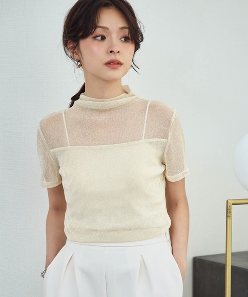 LOWO(ロワ)の「シアートップス ハイネック 半袖 ラメ シースルー レイヤードトップス オケージョン 結婚式 パーティー お呼ばれ《着用動画あり》(Tシャツ/カットソー・レディース・ホワイト/ベージュ/グレー/ブラック/アイボリー/ブラウン・FREE)」の19枚目の写真