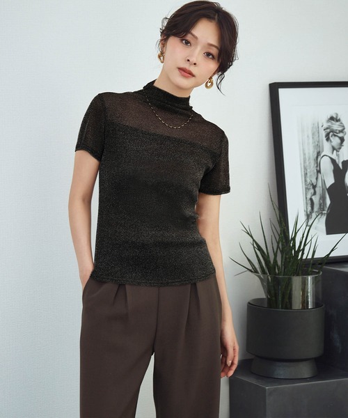 LOWO(ロワ)の「シアートップス ハイネック 半袖 ラメ シースルー レイヤードトップス オケージョン 結婚式 パーティー お呼ばれ《着用動画あり》(Tシャツ/カットソー・レディース・ホワイト/ベージュ/グレー/ブラック/アイボリー/ブラウン・FREE)」の22枚目の写真